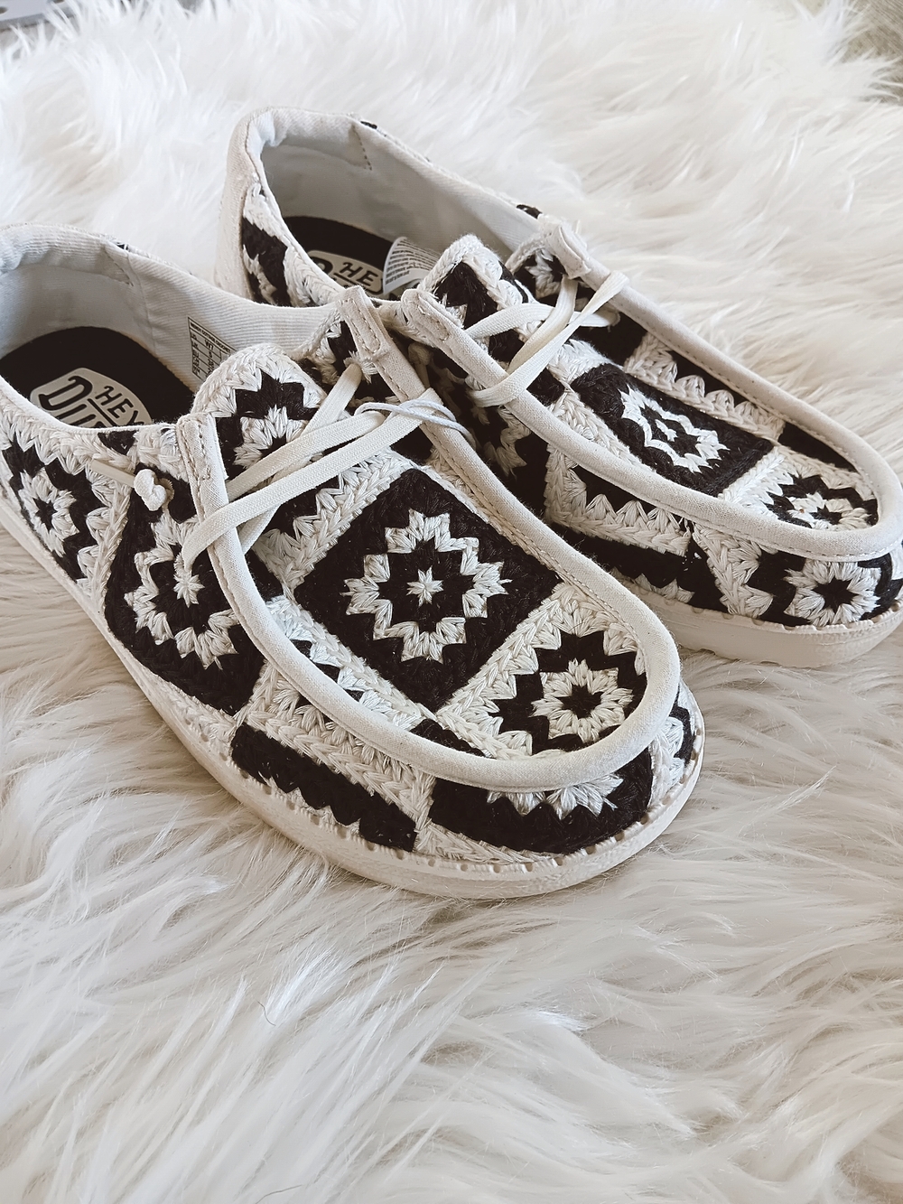 Hey Dude Wendy Cottage Crochet Black & White Granny Square Moc Toe Loafer Flats